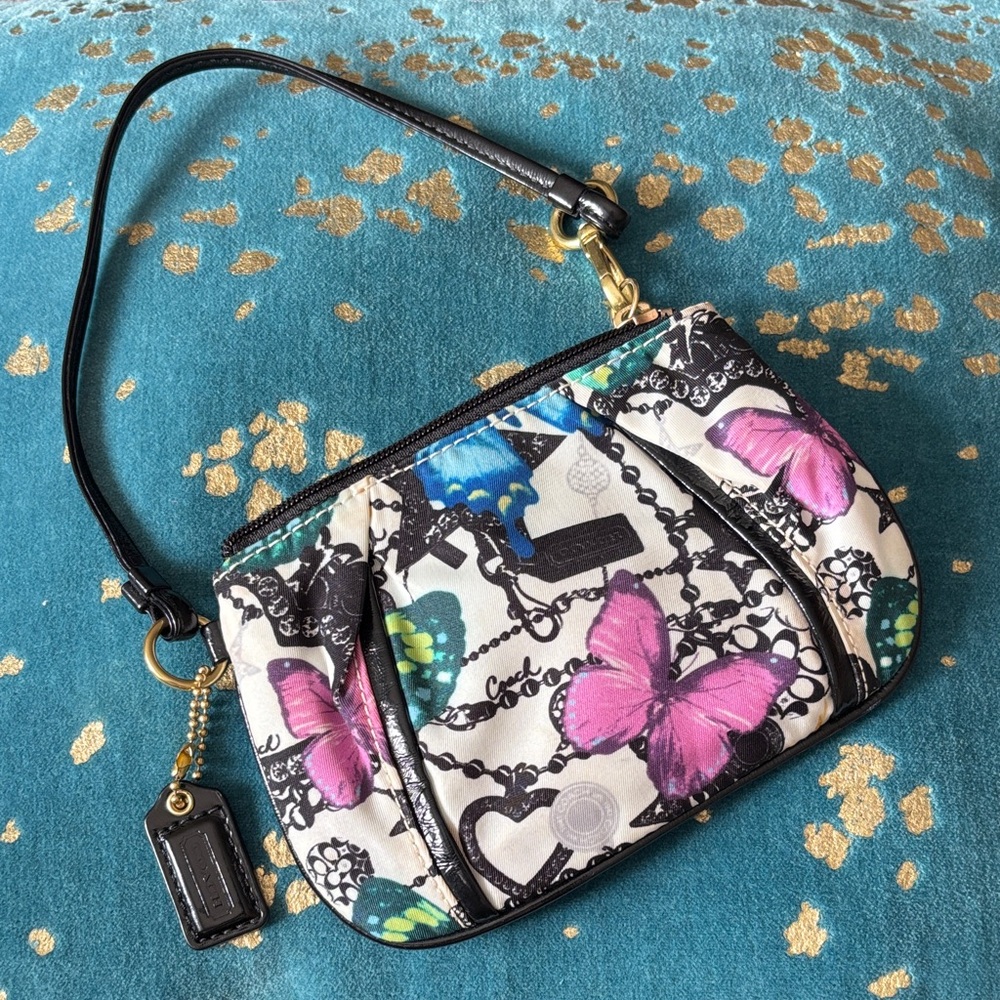 Coach Multicolor Butterfly Print Wristlet with Black Trim